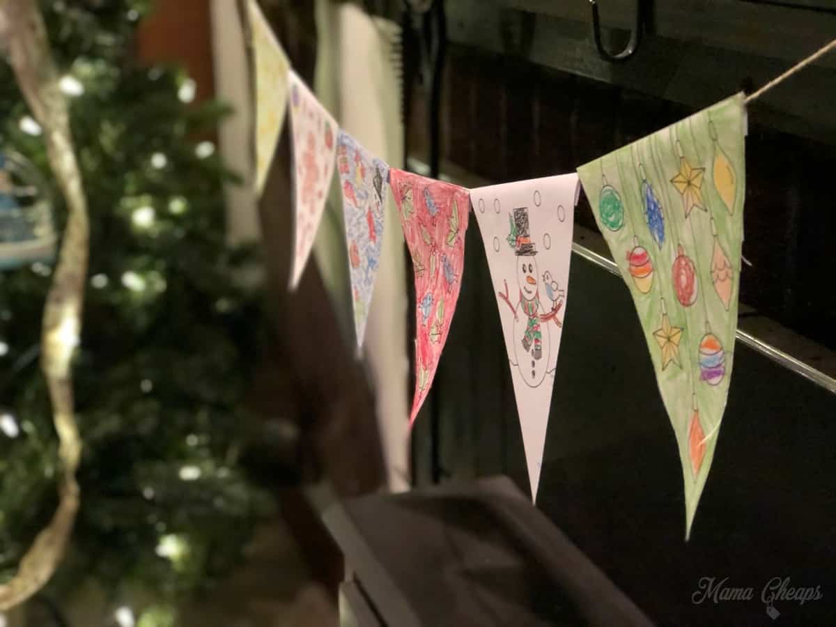 Christmas bunting made from printable christmas coloring pages.