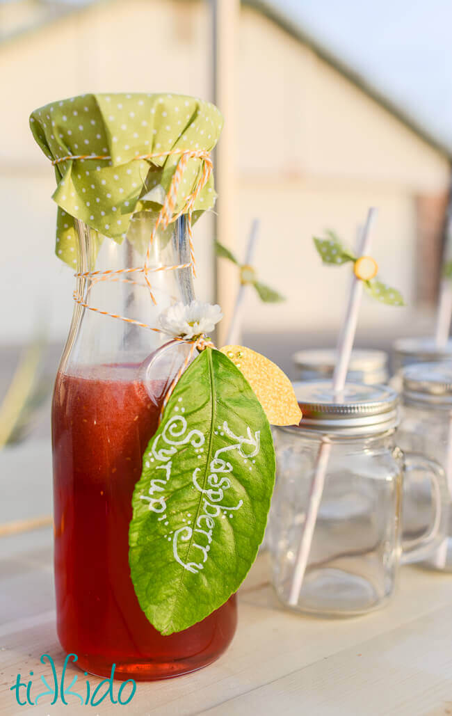 Raspberry simple syrup on a lemonade stand.