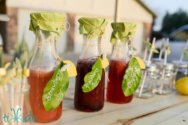 Strawberry syrup, blackberry syrup, and raspberry syrup on a lemonade stand.