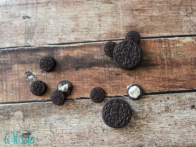 Easy Oreo Mickey Mouse cookies being made with regular and mini Oreo cookies.
