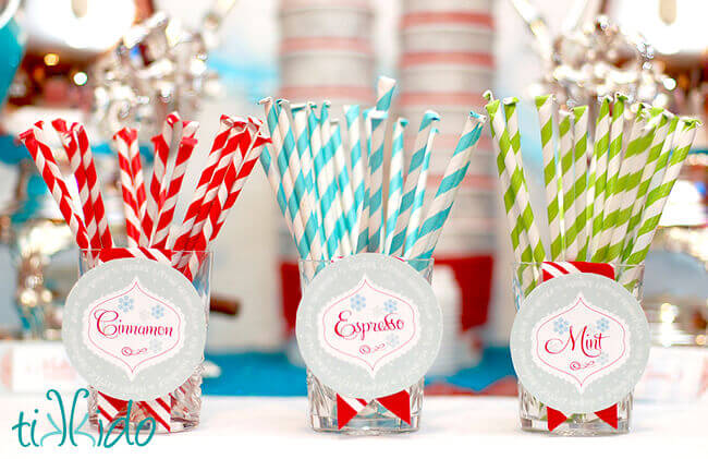 Homemade hot chocolate flavor add ins packaged in striped paper straws.