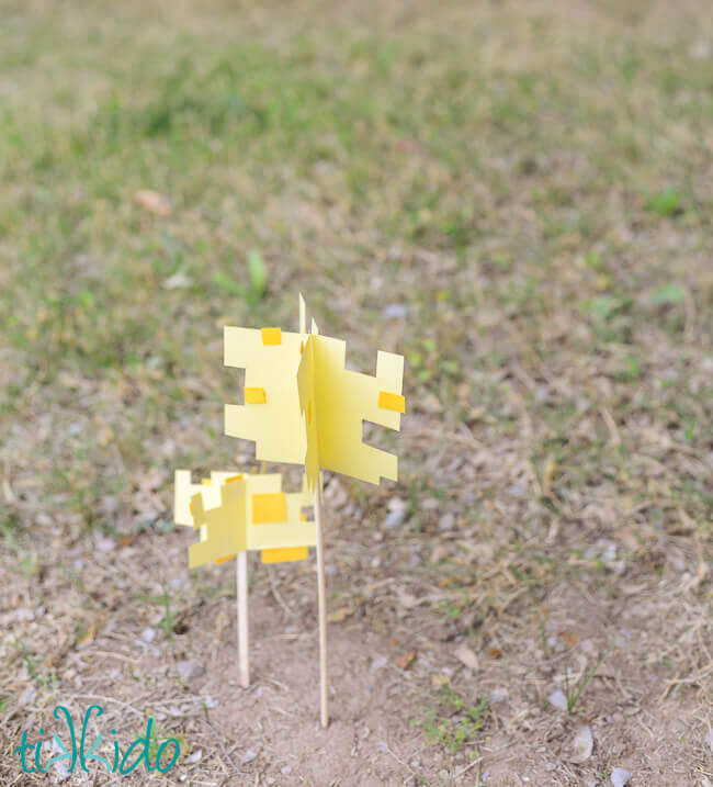 Life sized pixelated Minecraft flowers for a Minecraft birthday party.