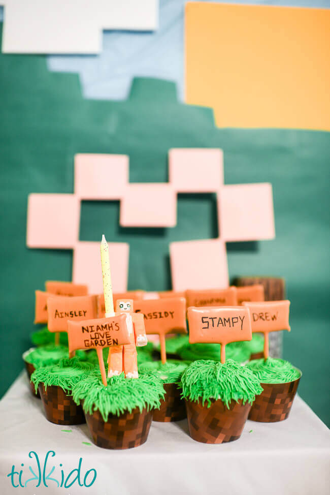 Minecraft cupcakes with minecraft cupcake wrappers for a Stampy Longnose Minecraft birthday party.