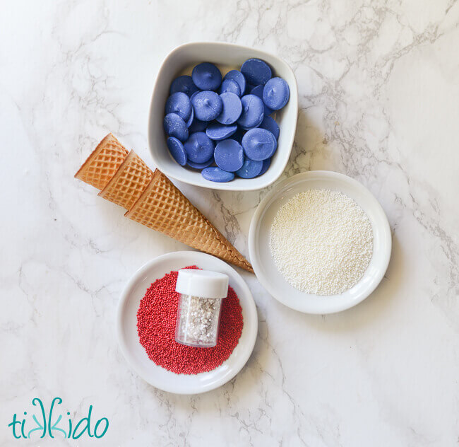 Materials for making patriotic ice cream cones.