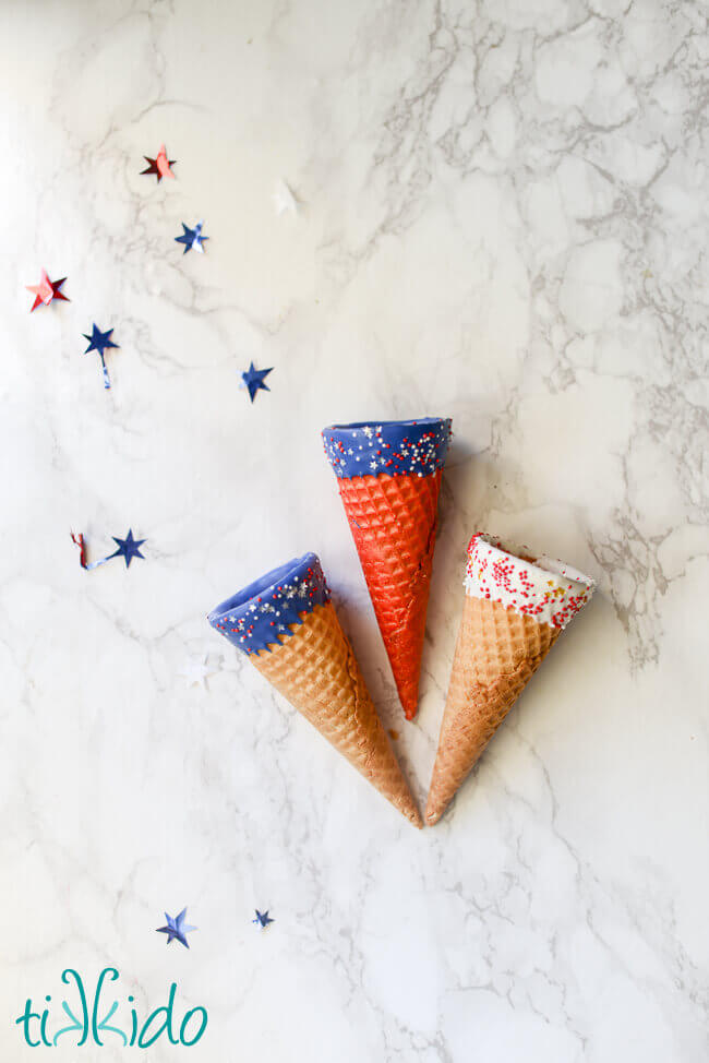 Patriotic red, white, and blue colored ice cream cones for the 4th of July