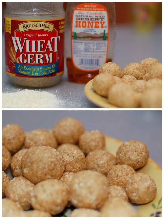 Collage of images of healthy peanut butter balls on a plate.