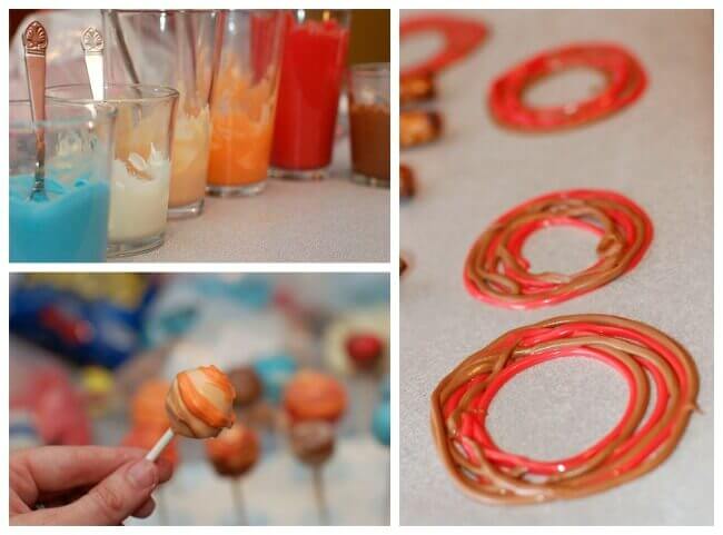 Collage of images of cake pops being decorated like planets.