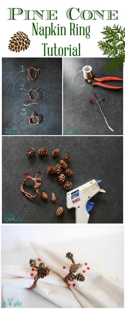 Collage of steps to make DIY pinecone napkin rings.