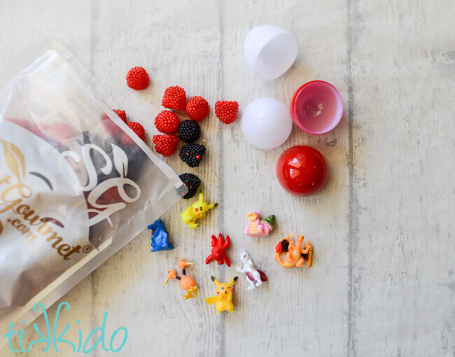 Miniature Pokemon figures and raspberry candies to fill the Pokemon Easter eggs.