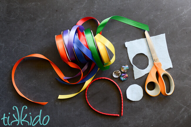 Materials for making a Rainbow Ribbon DIY Headband
