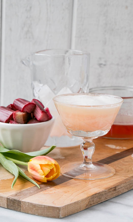 Pale pink rhubarb pisco sour cocktail in a glass, next to a bowl of sliced, fresh rhubarb and a peach and yellow tulip.