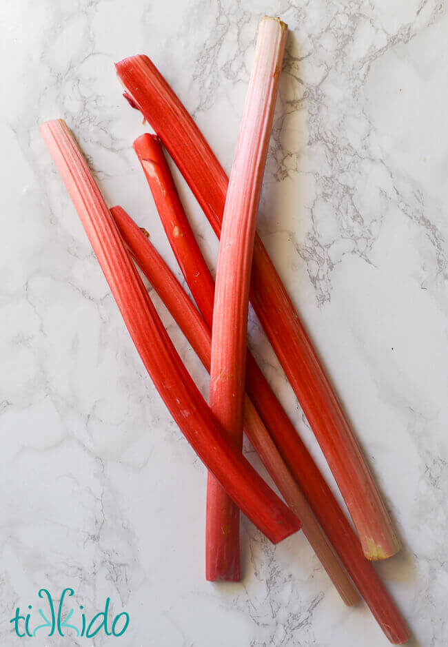 Rhubarb stalks on a white marble background