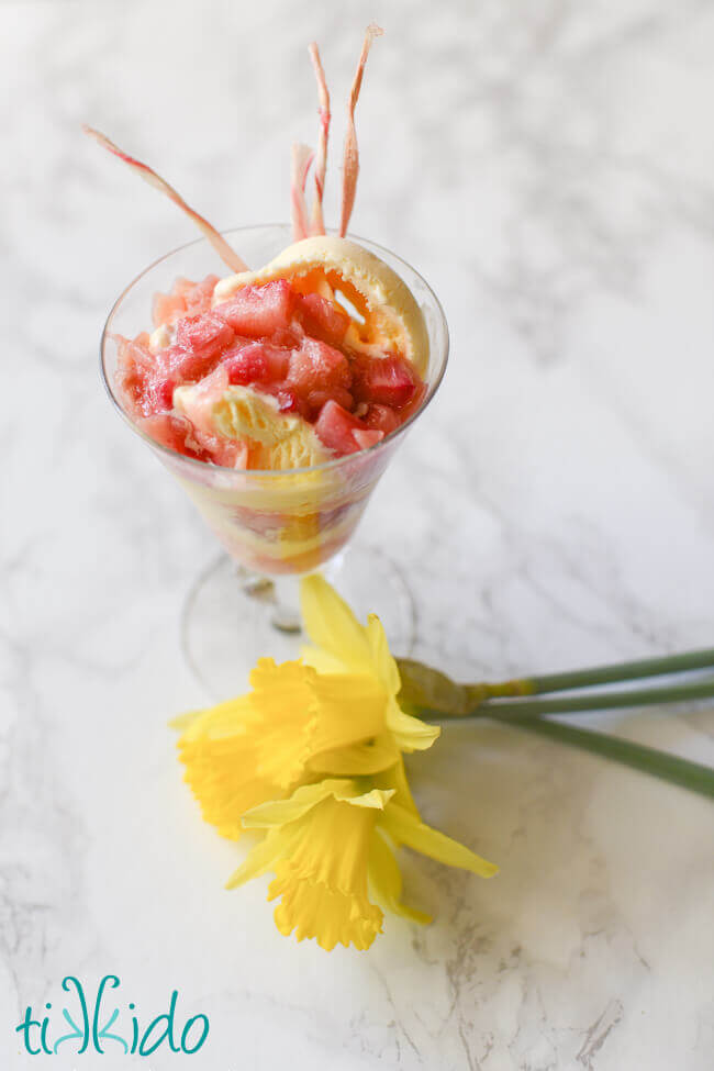 Roasted rhubarb compote on top of vanilla ice cream in a glass dish, garnished with candied rhubarb.