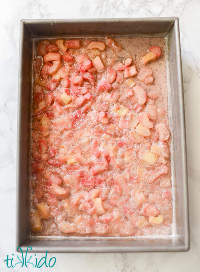 Roasted rhubarb sauce in a 9x13 pan