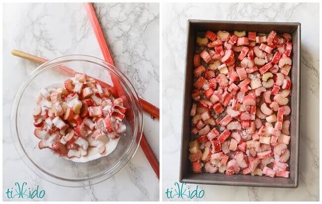 Collage of chopped rhubarb and sugar in a baking pan and bowl