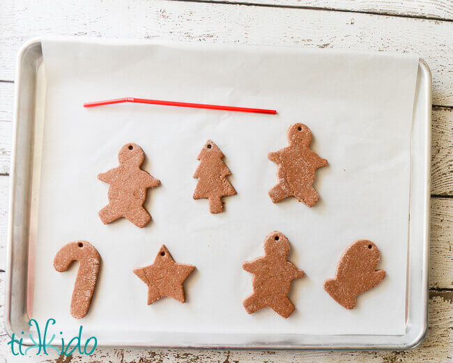 Gingerbread salt dough ornaments shaped and ready to bake.