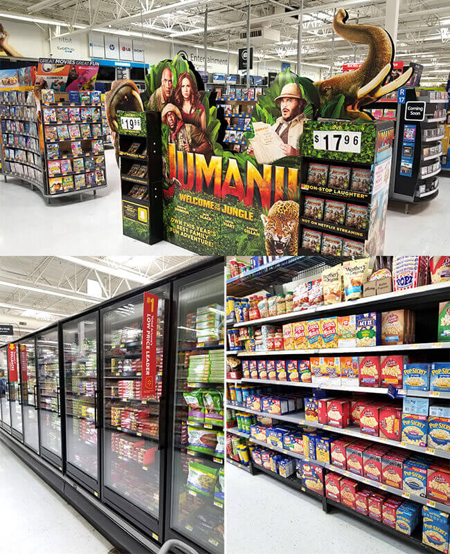 Collage of aisles at walmart, featuring Jumanji movie.