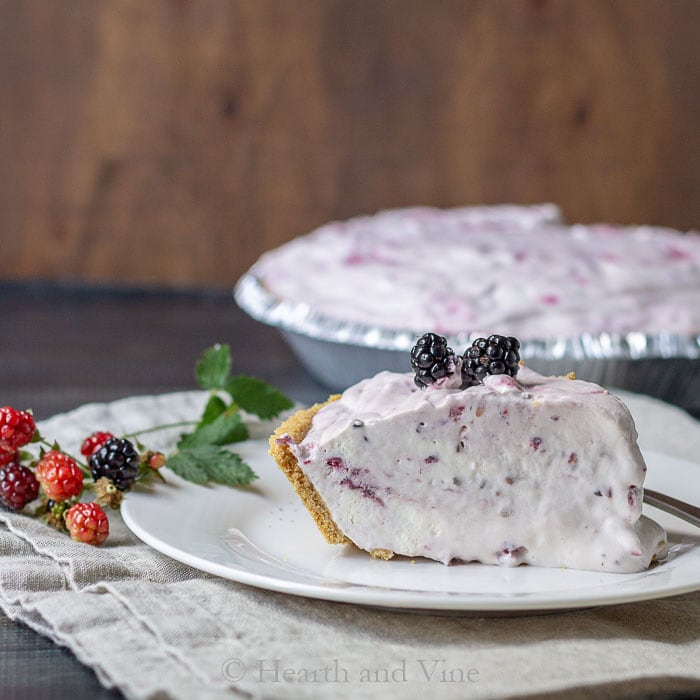 Slice of wild blackberry ice cream pie in a graham cracker crust on a white plate.  A sprig of fresh blackberries sits next to the plate, and two fresh blackberries sit on top of the slice of pie.
