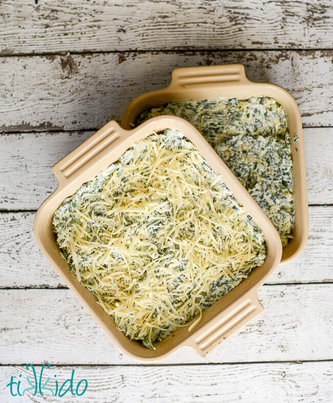 Light spinach artichoke dip before baking in a wood fired pizza oven.