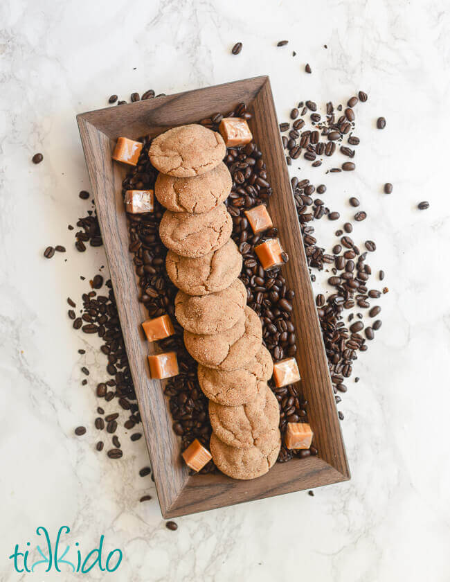 Tray of coffee flavored cookies stuffed with caramel.