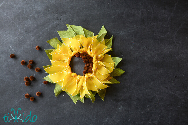 Center of the ribbon sunflower being assembled.