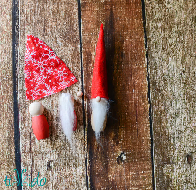 Small tomte Scandinavian Christmas elf ornaments being assembled.