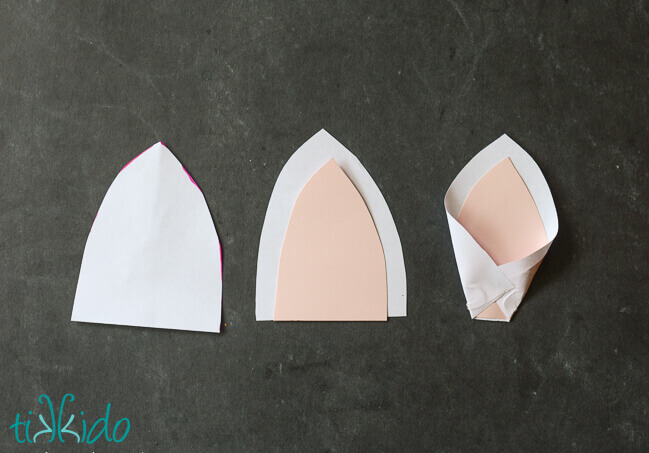Photo showing the assembly of the paper unicorn ears for the unicorn gift bag.