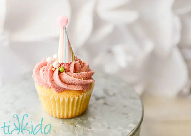 Vanilla cupcake topped with raspberry American buttercream, sprinkles, and a tiny party hat cupcake topper.