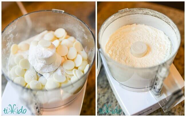 White hot chocolate mix being made in a food processor.