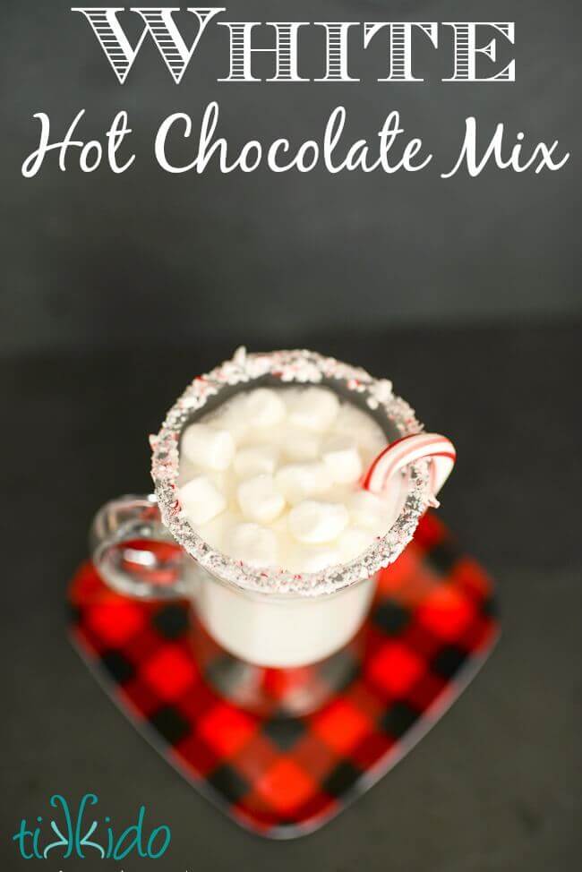 Homemade white hot chocolate mix makes a great, inexpensive homemade Christmas gift.