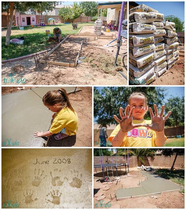 Collage showing the concrete foundation pouring process for the Wood Fired Pizza Oven