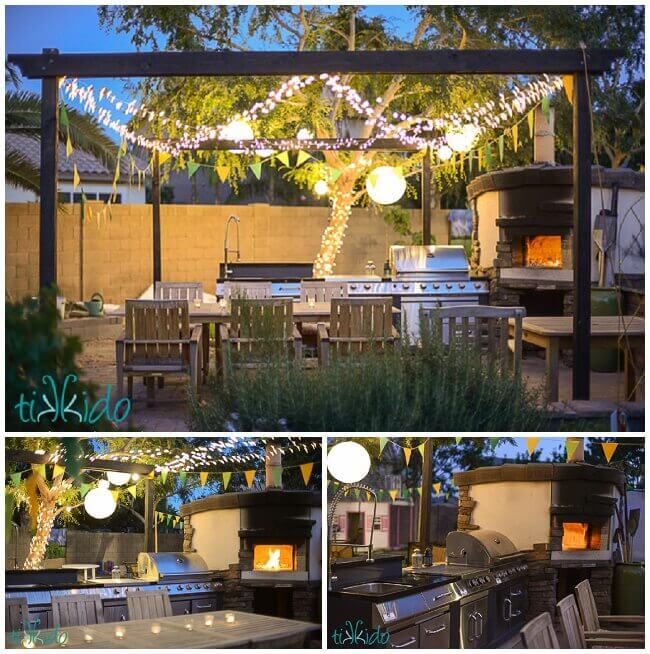 Collage of finished wood fire pizza oven in the dusk, with pergola and twinkle lights strung above the outdoor kitchen and eating area.