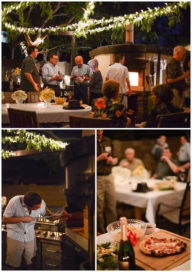 Collage of an anniversary party with people being fed from the wood fired pizza oven.
