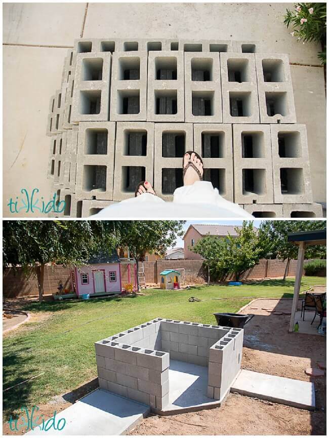 Collage of concrete blocks used to dry stack the base for the wood fired pizza oven.