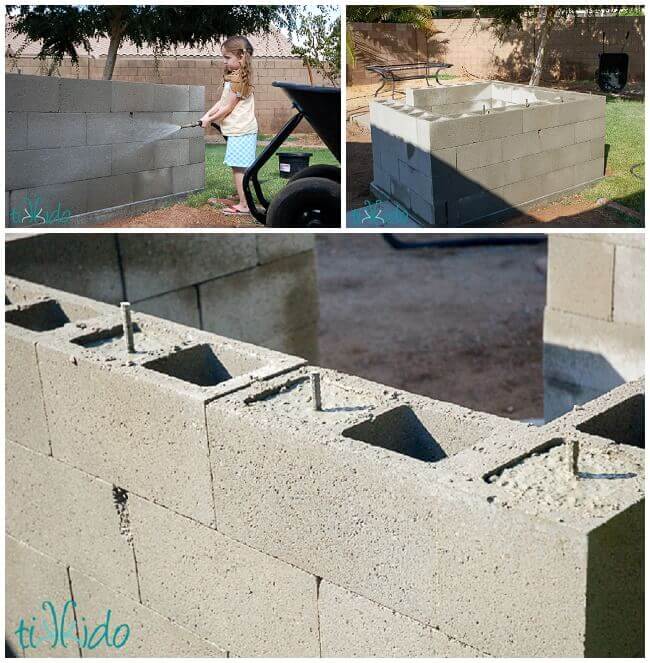 Collage of filling the dry stacked concrete blocks for the pizza oven base with concrete, and curing the concrete with water