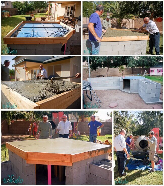 Collage of the process of pouring the floor of the wood fired pizza oven.