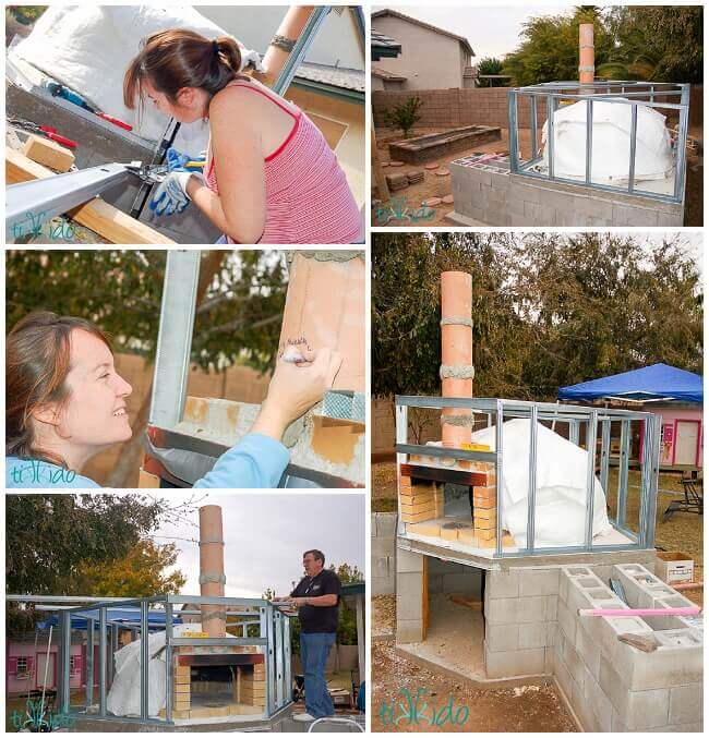 Collage of building teh metal stud framework for the outer structure of the wood fired pizza oven.