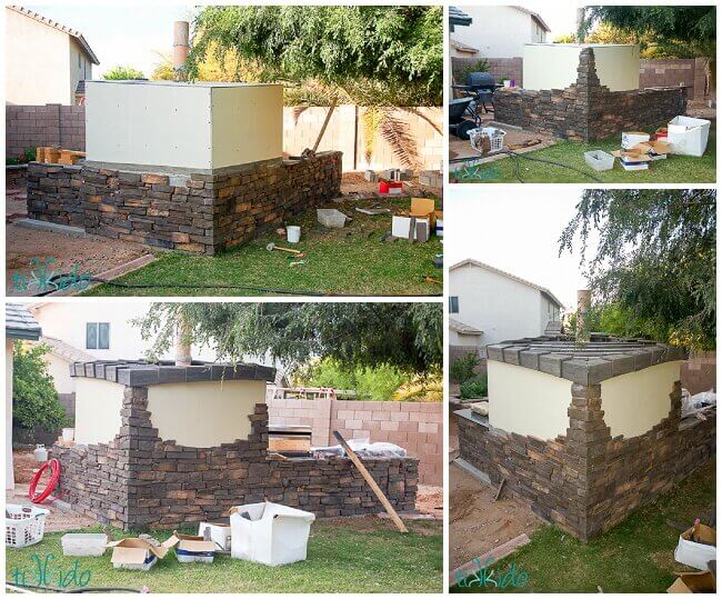 collage of roofing and applying the stone veneer to the wood fired pizza oven.