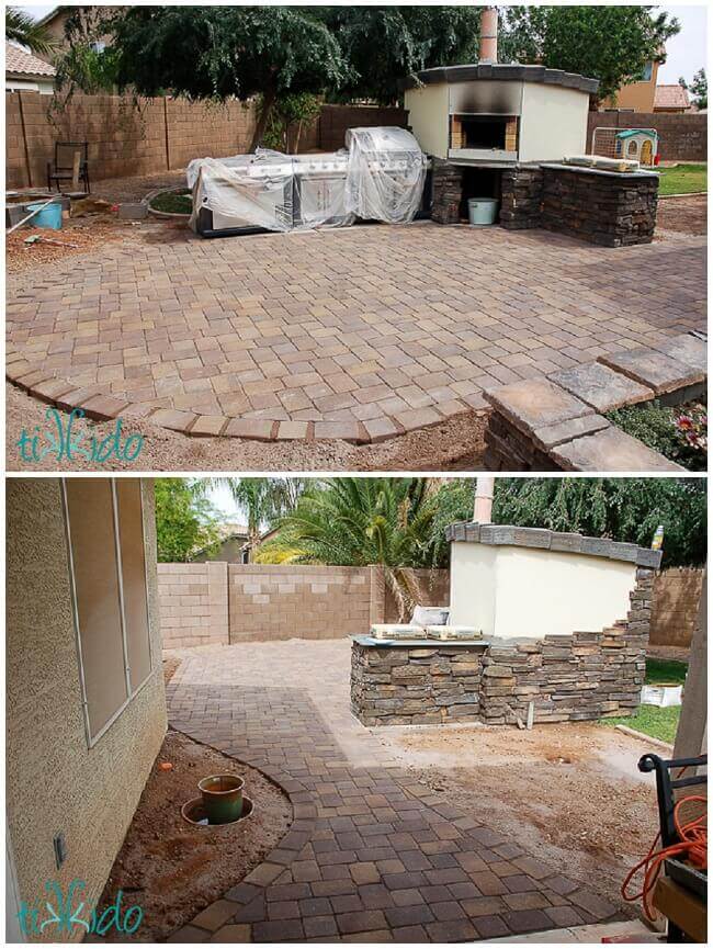 Collage showing the mostly finished wood fired pizza oven and the paver patio around it.